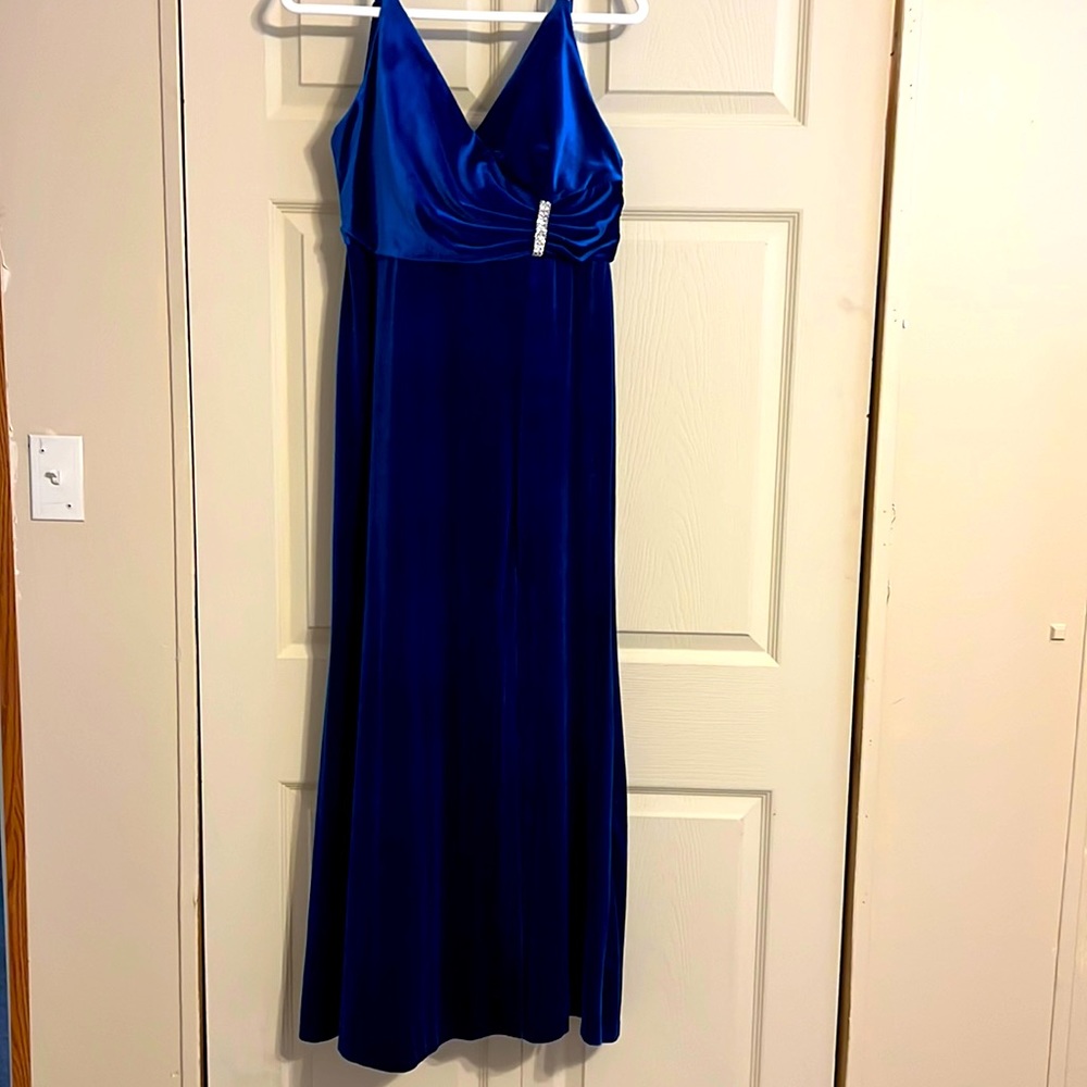 Long formal blue velvet dress with rhinestones